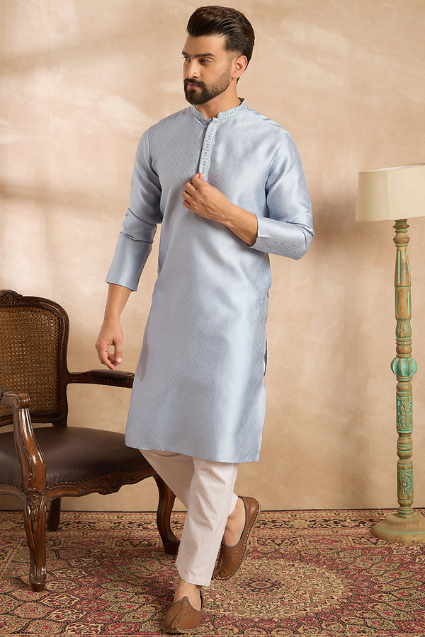 Blue Polyester Solid Embroidered Straight Kurta MKU1841