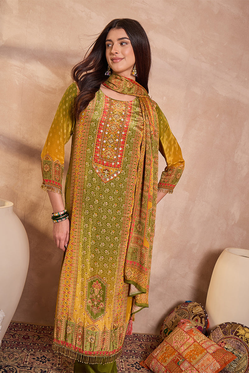 Olive Green Viscose Rayon Embroidered Kurta Trouser With Dupatta HPKSKD2786