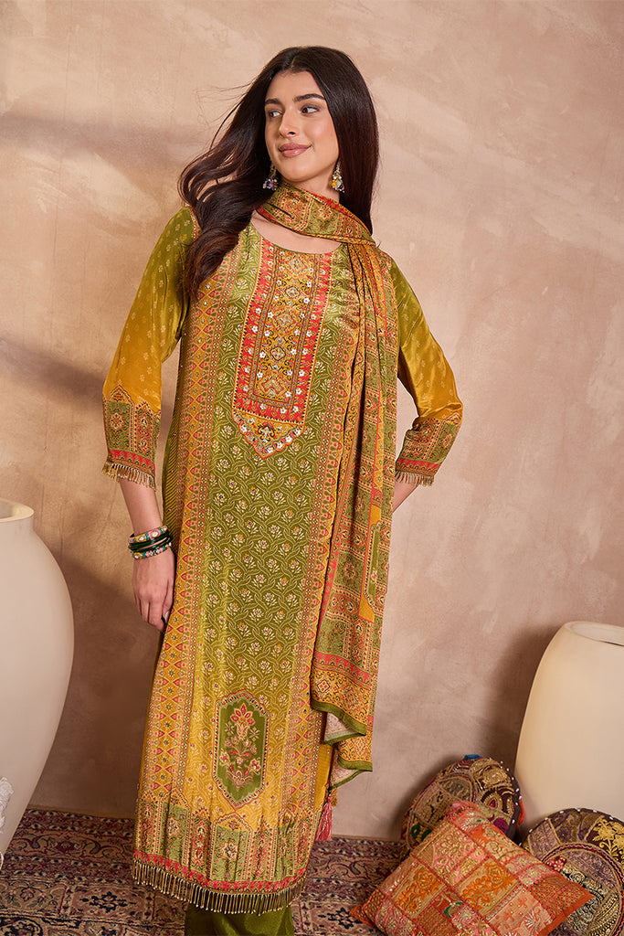 Olive Green Viscose Rayon Embroidered Kurta Trouser With Dupatta HPKSKD2786