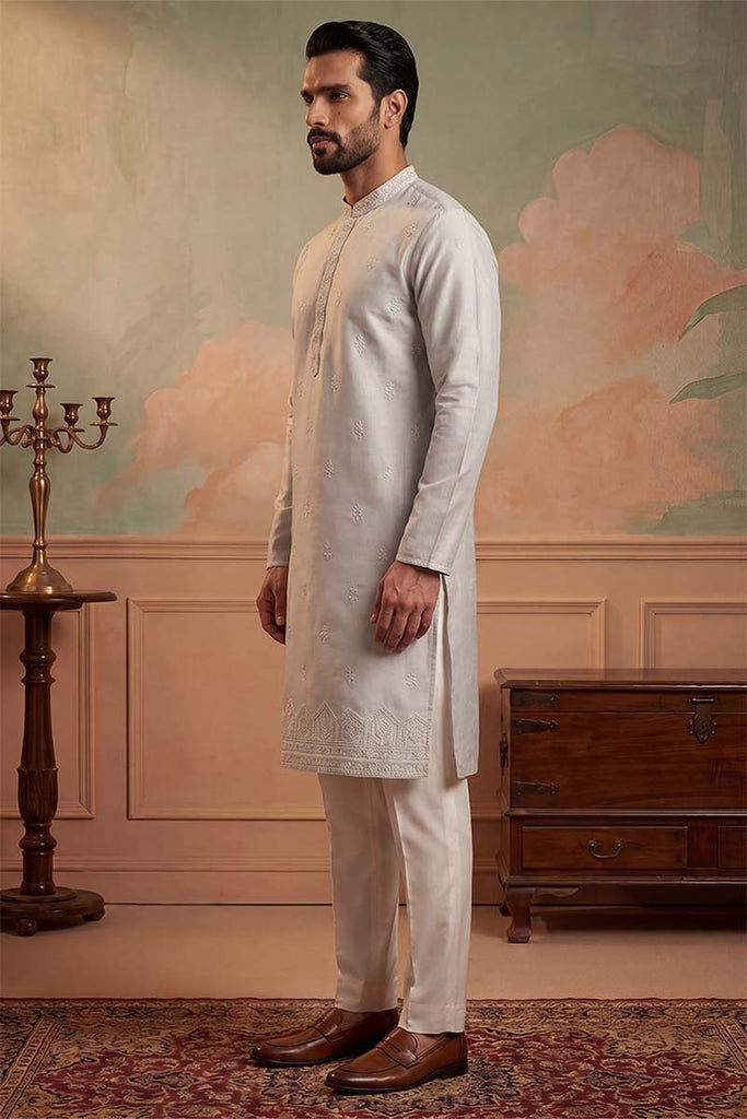 Silk Blend Silver Solid Embroidered Calf Length Straight Kurta MKU2273