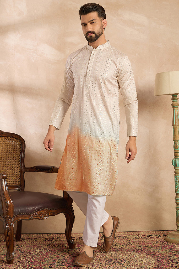 Peach Silk Blend Ombre Embroidered Straight Kurta MKU1724