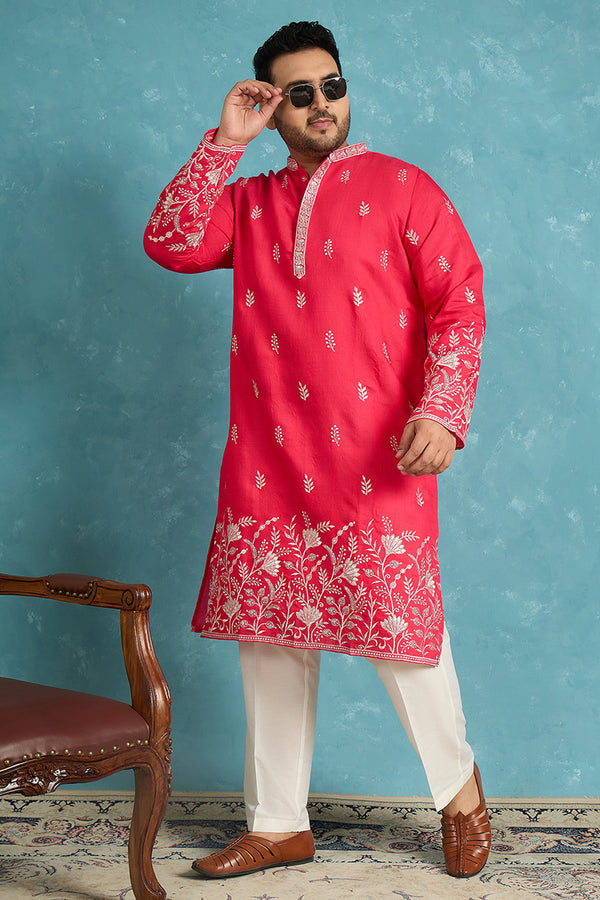 Pink Silk Blend Solid Thread Work Embroidered Kurta MKU1943