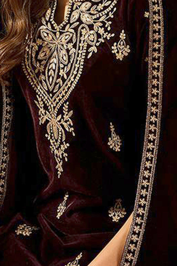 Purple Velvet Solid Embroidered Straight Trousers Suit Set PKSKD2254
