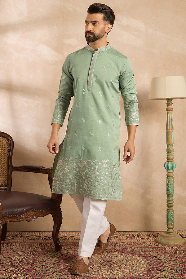 Green Silk Blend Solid Embroidered Straight Kurta With Trouser MKSET1783