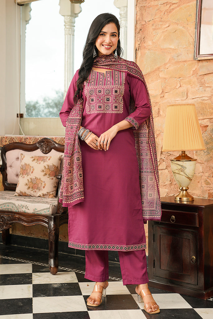 Purple Cotton Blend Ajrakh Printed Straight Kurta Trousers With Dupatta PKSKD3064