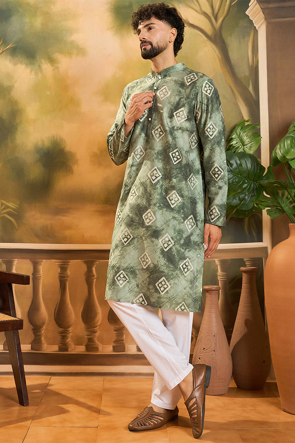 Green Silk Blend Batik Embroidered Straight Kurta with Trouser MKSET1464