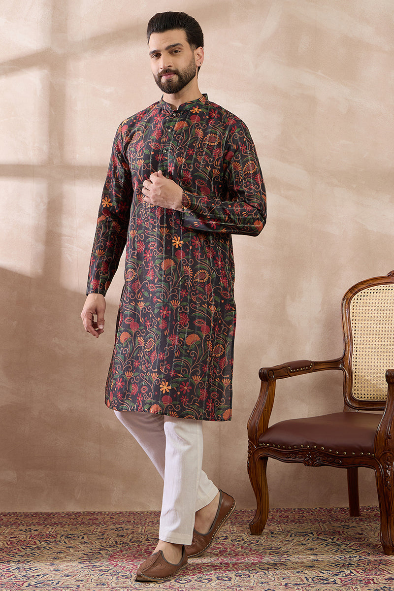 Black Silk Blend Embroidered Mandarin Collar Straight Kurta MKU2096