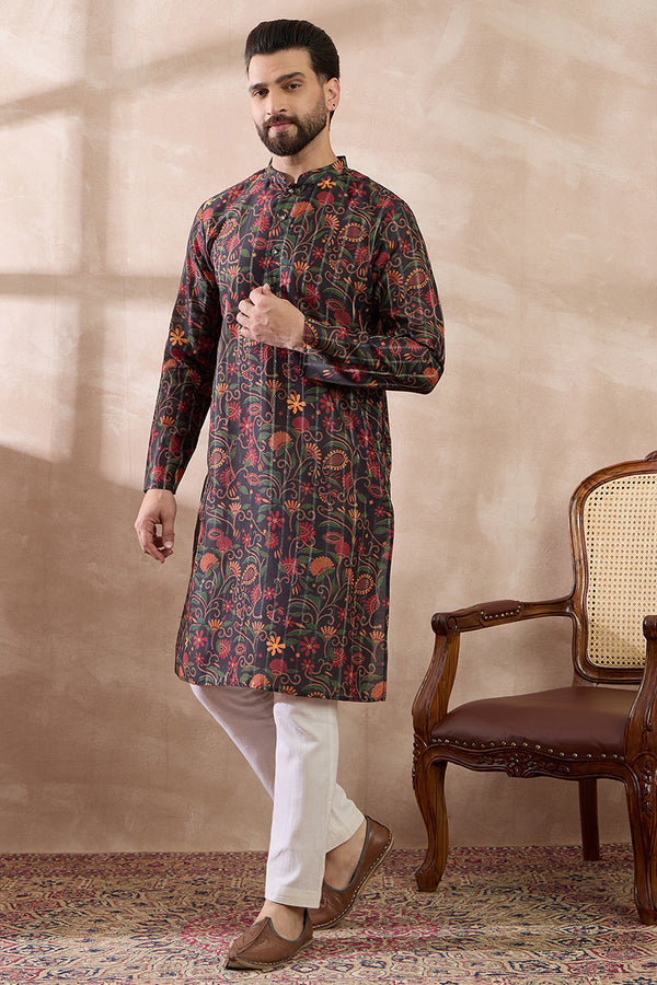Black Silk Blend Embroidered Mandarin Collar Straight Kurta MKU2096