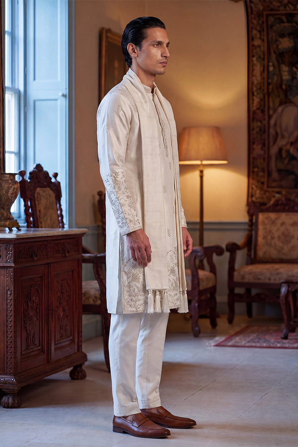 White Silk Blend Floral Embroidered Straight Kurta Trouser with Dupatta MKPD1784