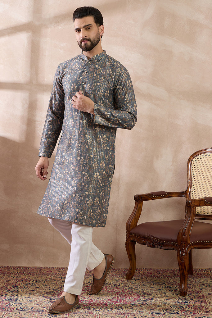 Grey Silk Blend Printed Mandarin Collar Straight Kurta MKU1931