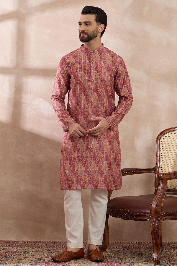 Pink Silk Blend Printed Mandarin Collar Straight Kurta With Trouser MKSET2054