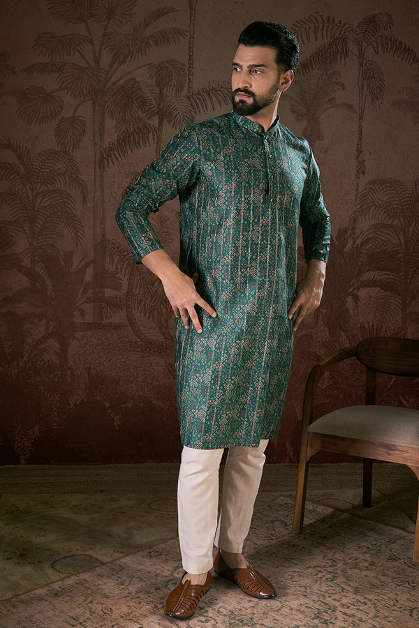 Sea Green Silk Blend Ethnic Motifs Printed Straight Kurta MKU1927