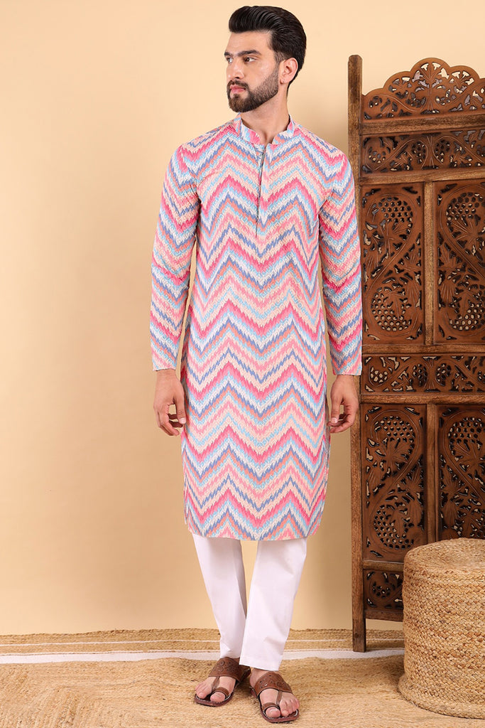 Pink Viscose Rayon Ikat Embroidered Straight Kurta For Men MKU1008PNK