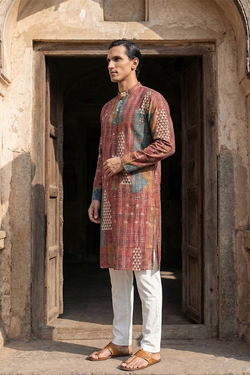Brown Silk Blend Printed Straight Kurta MKU2177