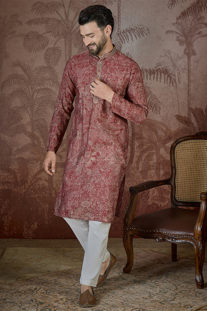 Maroon Silk Blend Floral Printed Kurta With Trouser MKSET2577