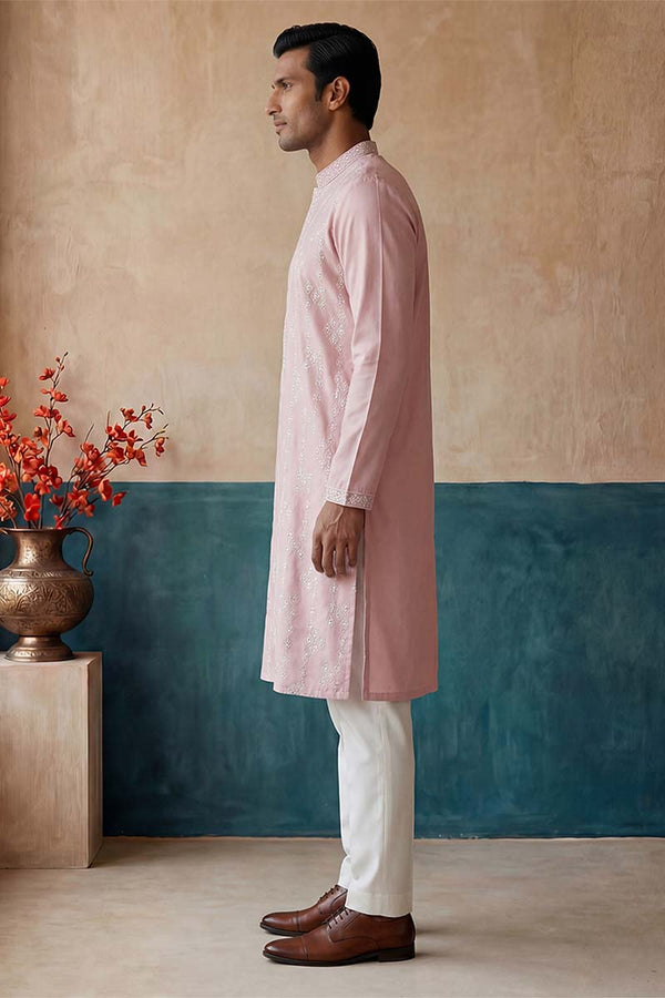 Pink Silk Blend Solid Embroidered Kurta MKU2088