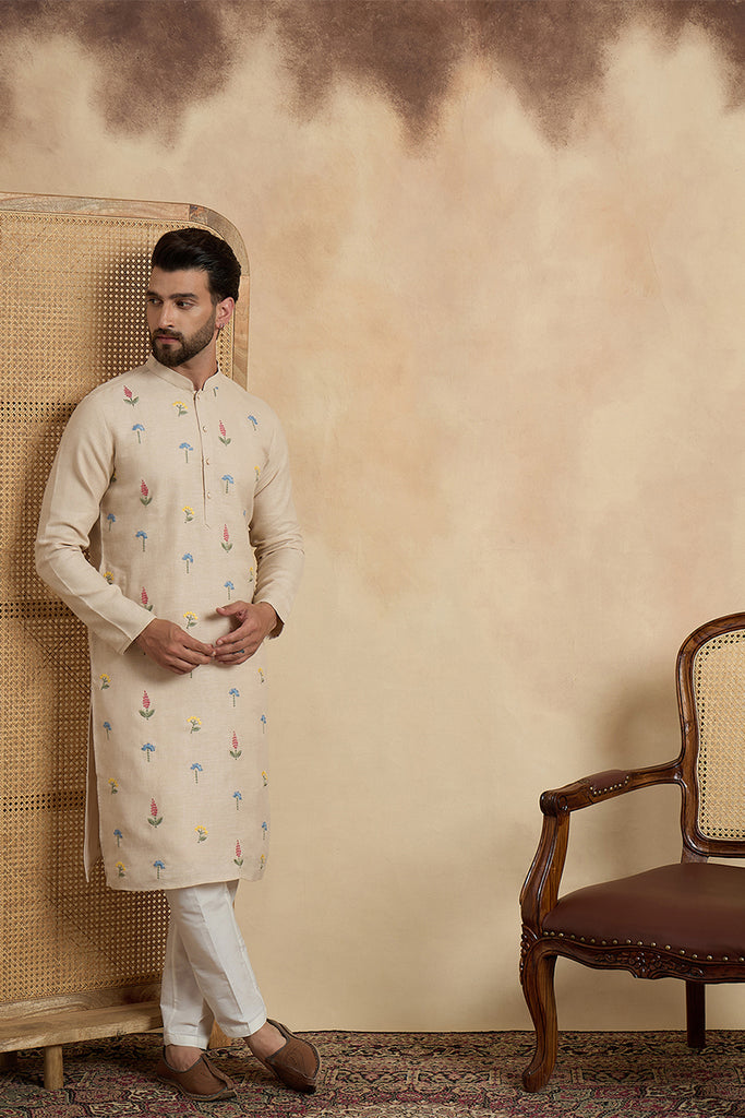 Beige Linen Solid Embroidered Thread Work Kurta With Trouser MKSET2462