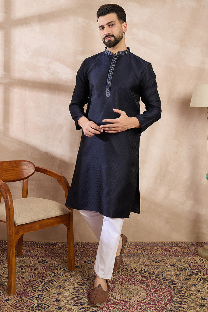 Navy Blue Silk Blend Solid Woven Design Straight Kurta With Trouser MKSET1853