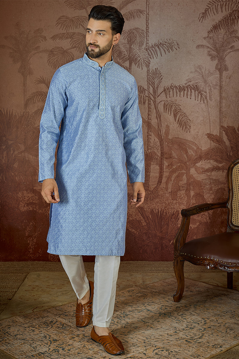 Blue Jacquard Solid Embroidered Kurta MKU2500