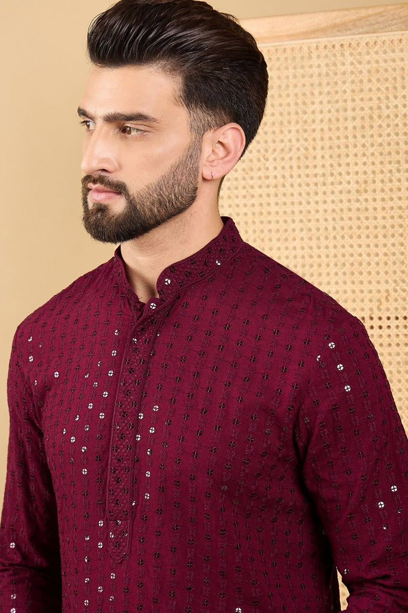 Ethnic Bay Maroon Viscose Rayon Solid Embroidered Straight Chikankari Kurta MKU1044