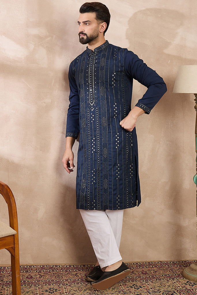 Blue Silk Blend Geometric Embroidered Straight Kurta With Trouser MKSET1890