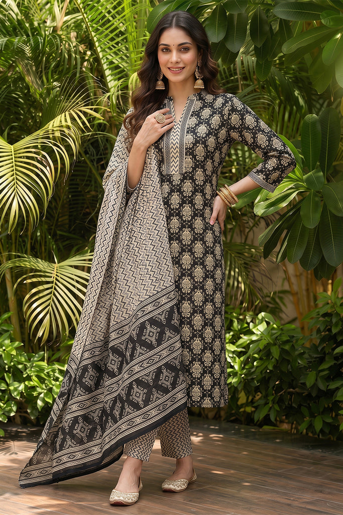 Black Rayon Blend Ethnic Motifs Straight Suit Set VKSKD1673