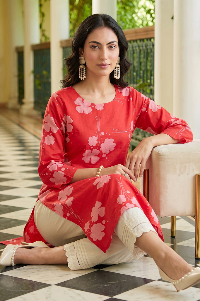 Printed Pink Cotton Fabric Kurti VCK1254