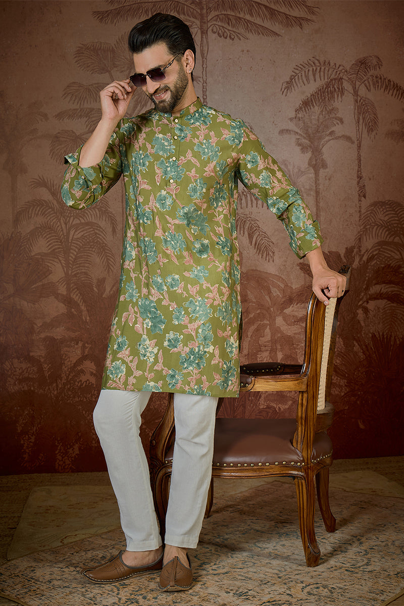 Green Silk Blend Floral Printed Kurta With Trouser MKSET2537
