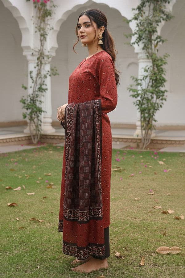 Red Cotton Blend Geometric Printed Straight Kurta Trousers With Dupatta VKSKD2414