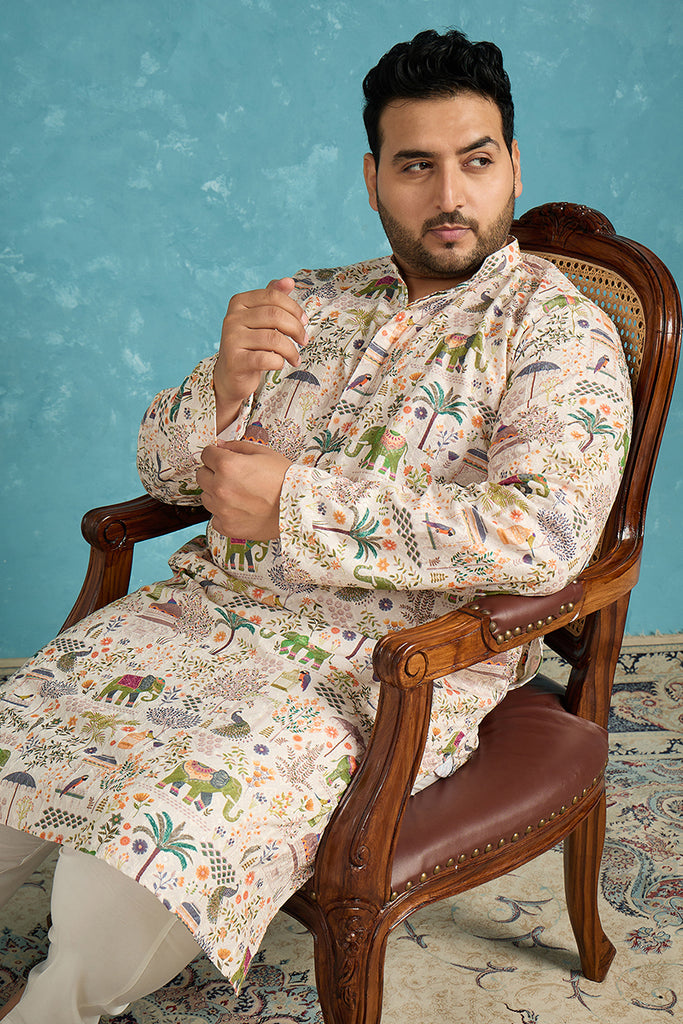 Cream Viscose Rayon Ethnic Motifs Thread Work Printed Kurta MKU1616