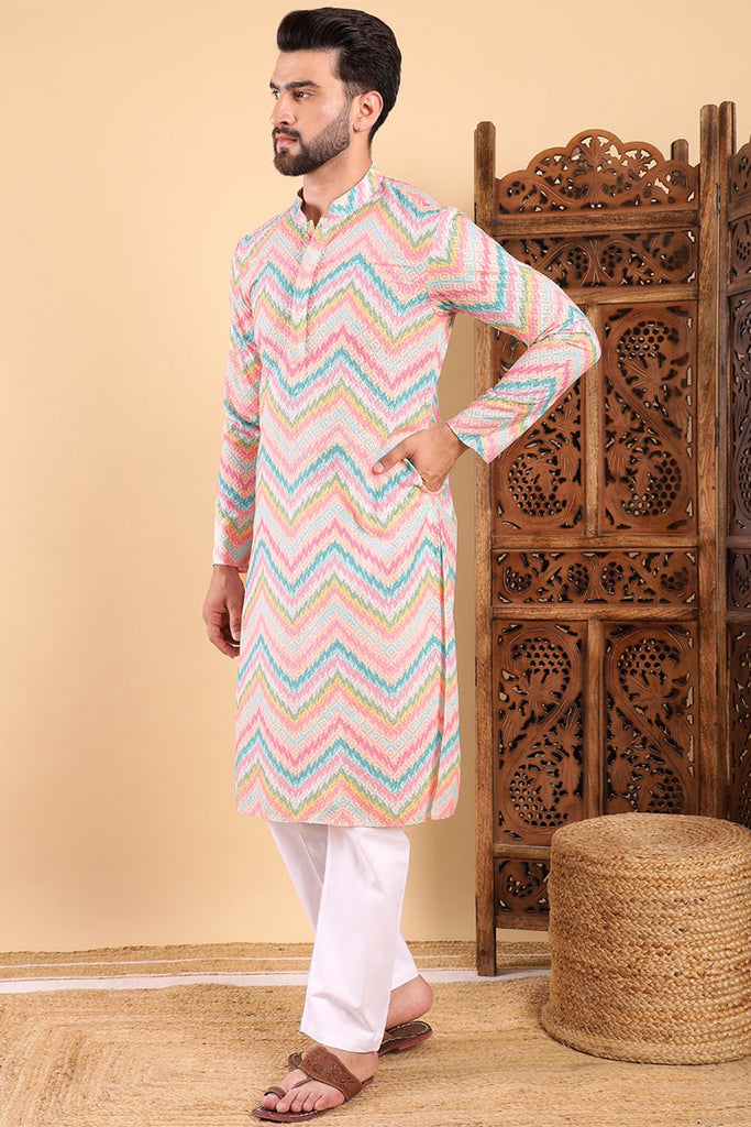 Teal Viscose Rayon Chevron Embroidered Straight Kurta For Men MKU1008TIL