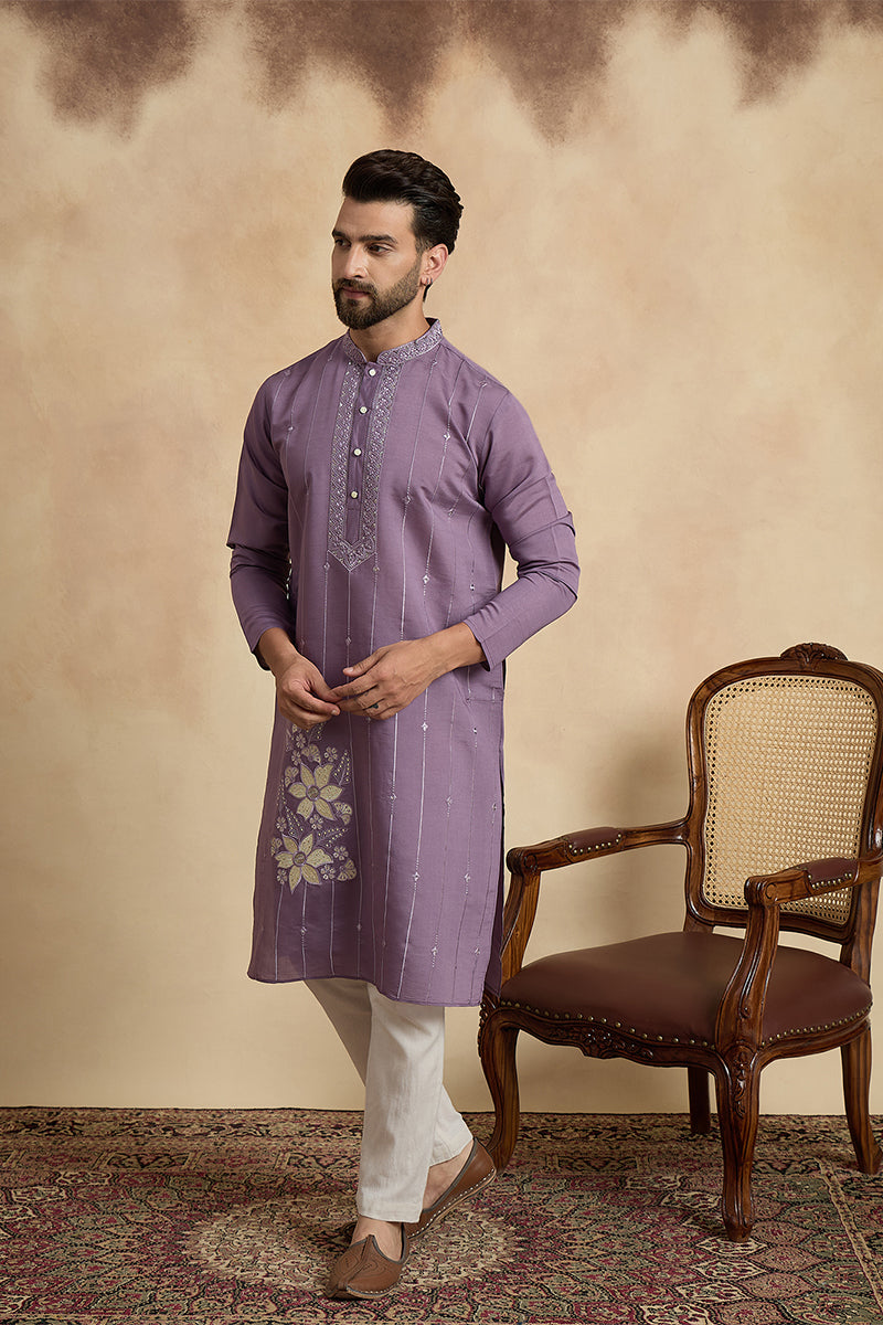 Lavender Silk Blend Solid Embroidered Kurta MKU2463