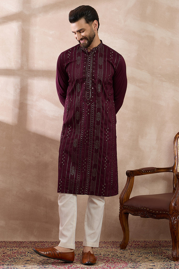 Purple Silk Blend Embroidered Mandarin Collar Straight Kurta With Trouser MKSET1889
