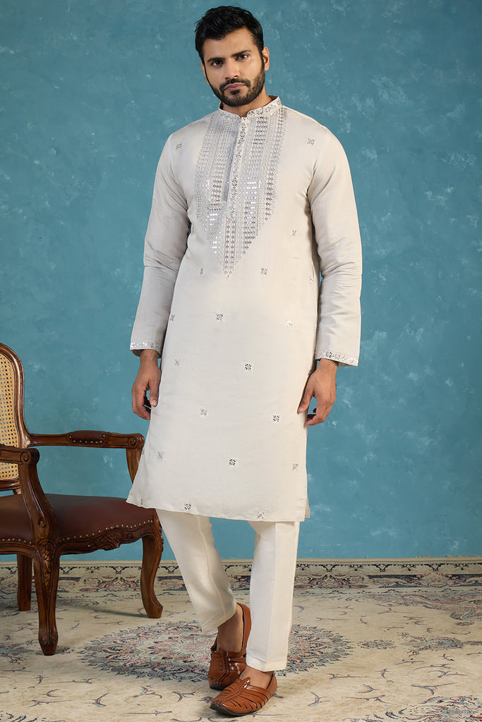 Grey Silk Blend Solid Emboidered Sequins Kurta With Trouser MKSET2280