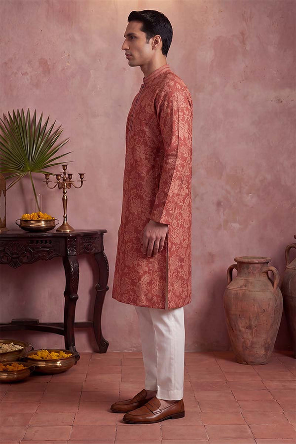 Red Silk Blend Floral Printed Kurta With Trousers MKSET1979
