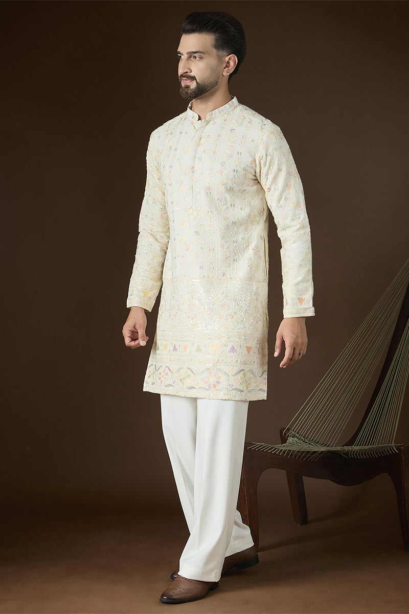 Off White Georgette Solid Embroidered Kurta With Trouser MKSET2732