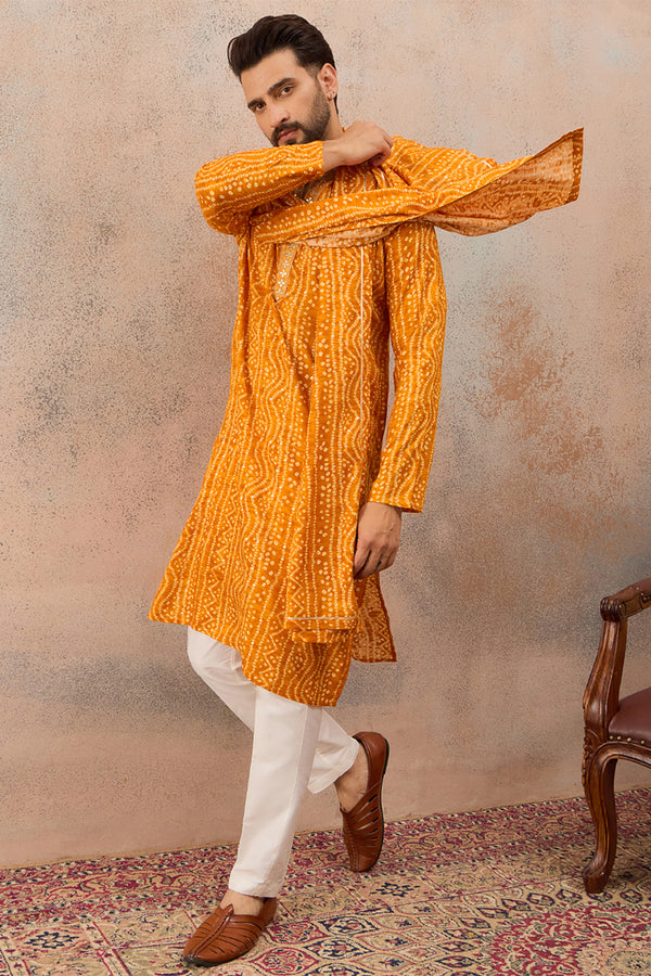 Rust Viscose Rayon Bandhani Printed Kurta With Dupatta MKUD1079