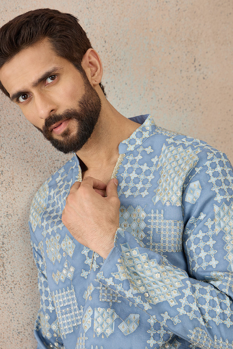 Blue Silk Blend Solid Embroidered Kurta With Trouser MKSET2454