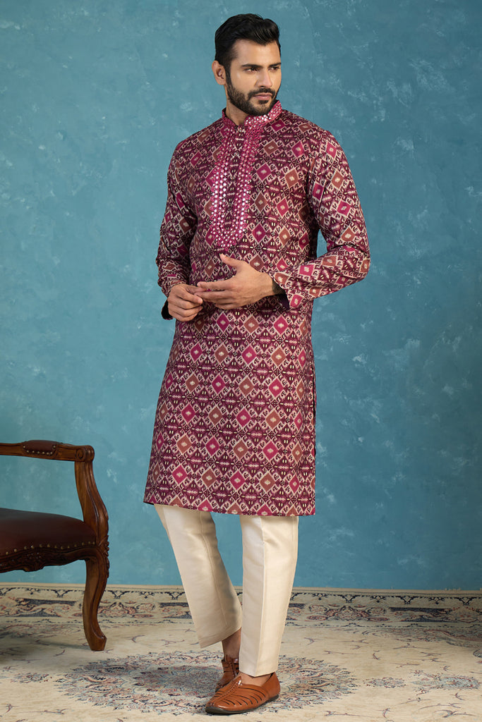 Purple Silk Blend Ethnic Motifs Ikat Printed Kurta MKU1895