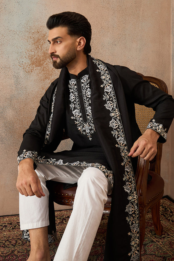 Black Silk Blend Solid Embroidered Kurta And Trouser With Dupatta MKPD1043