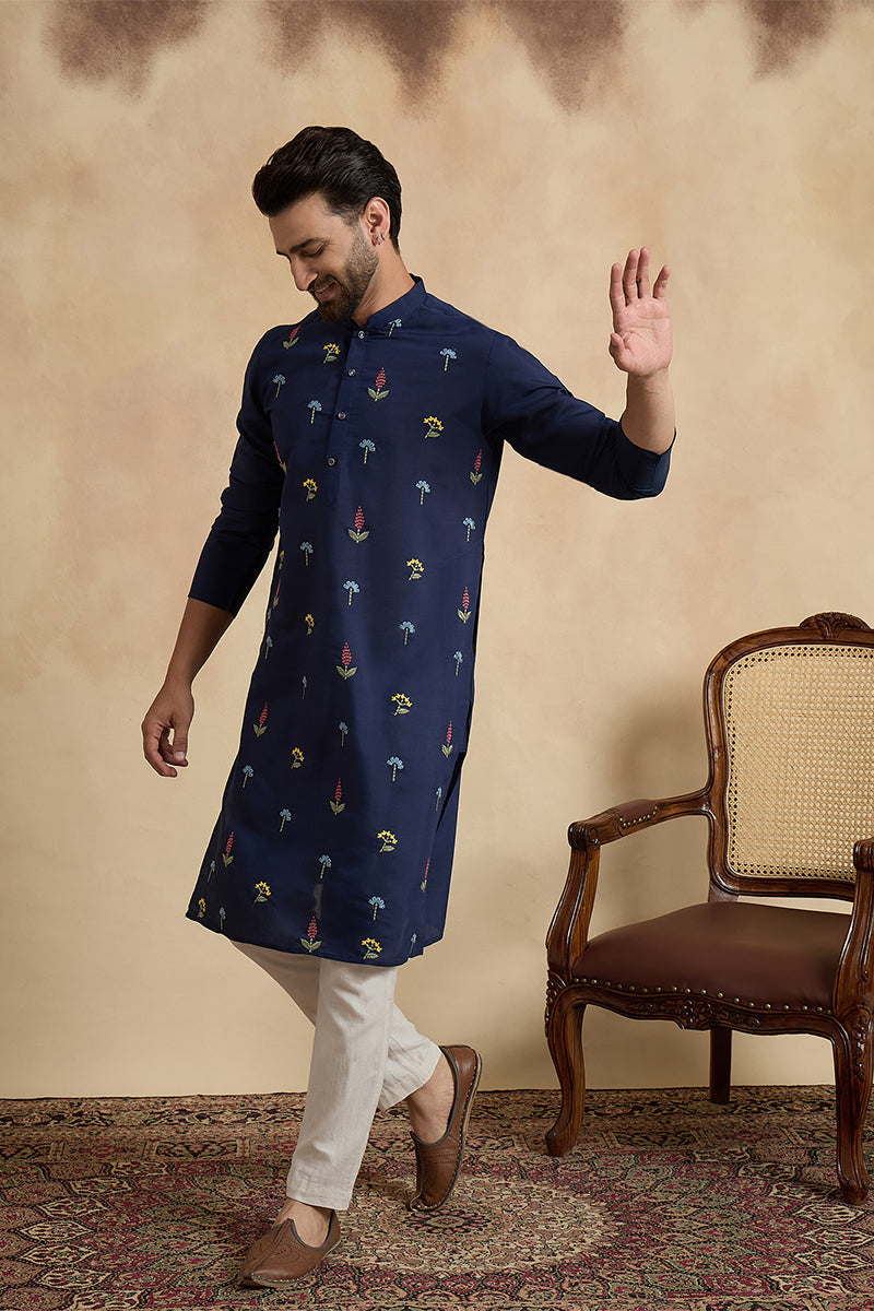 Navy Blue Silk Blend Solid Embroidered Thread Work Kurta With Trouser MKSET2468