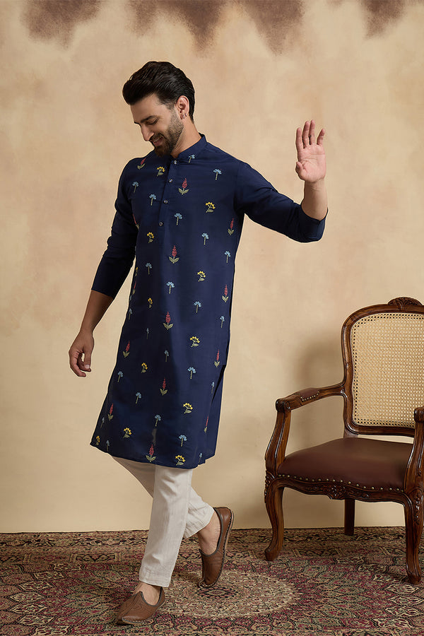Navy Blue Silk Blend Solid Embroidered Thread Work Kurta With Trouser MKSET2468
