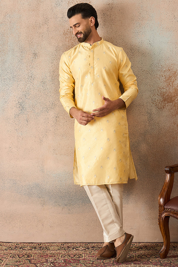 Yellow Silk Blend Floral Straight Kurta With Dupatta MKSET2216