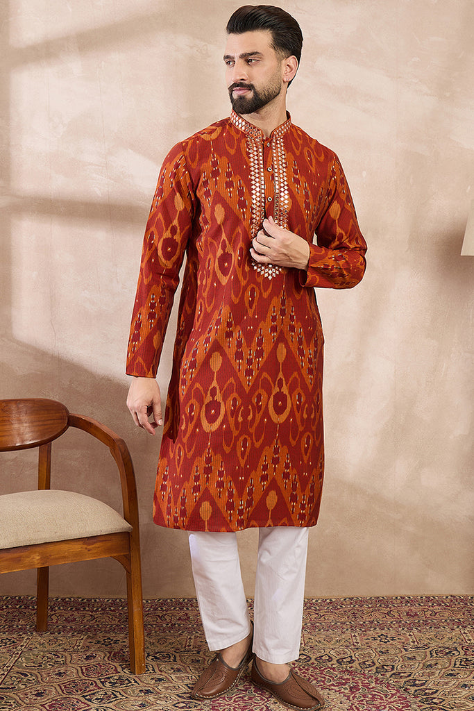 Orange Silk Blend Chevron Printed Straight Kurta With Trouser MKSET1964