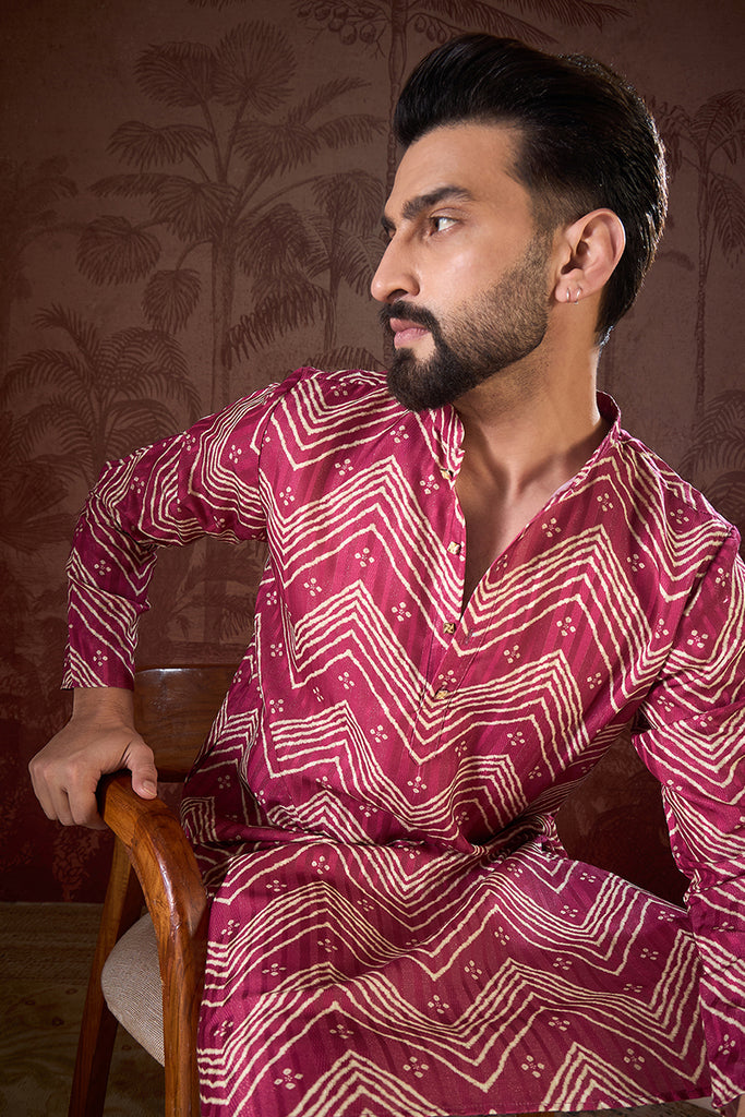 Magenta Silk Blend Chevron Printed Straight Kurta With Trouser MKSET1940