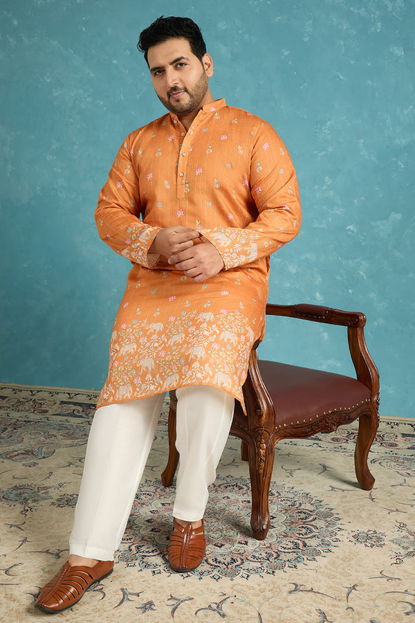 Orange Silk Blend Floral Sequins Printed Kurta MKU2349