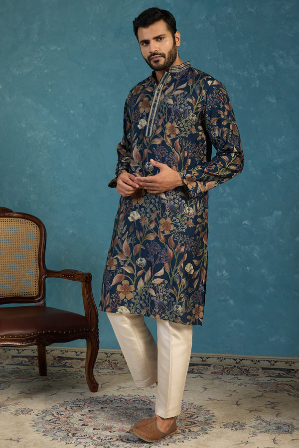Blue Modal Floral Printed Calf Length Straight Regular Kurta MKU1978