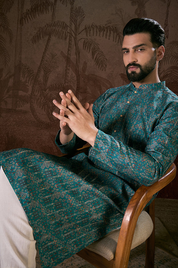 Blue Silk Blend Ethnic Motifs Printed Straight Kurta MKU1906