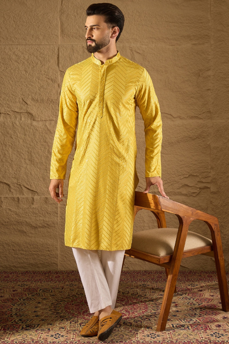 Yellow Viscose Rayon Solid Embroidered Straight Kurta MKU1204