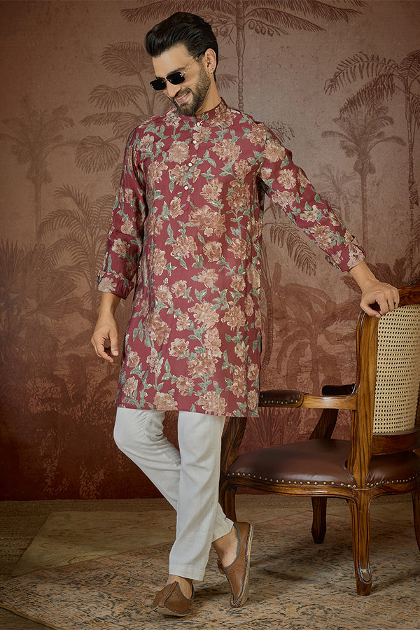 Maroon Silk Blend Floral Printed Kurta With Trouser MKSET2541